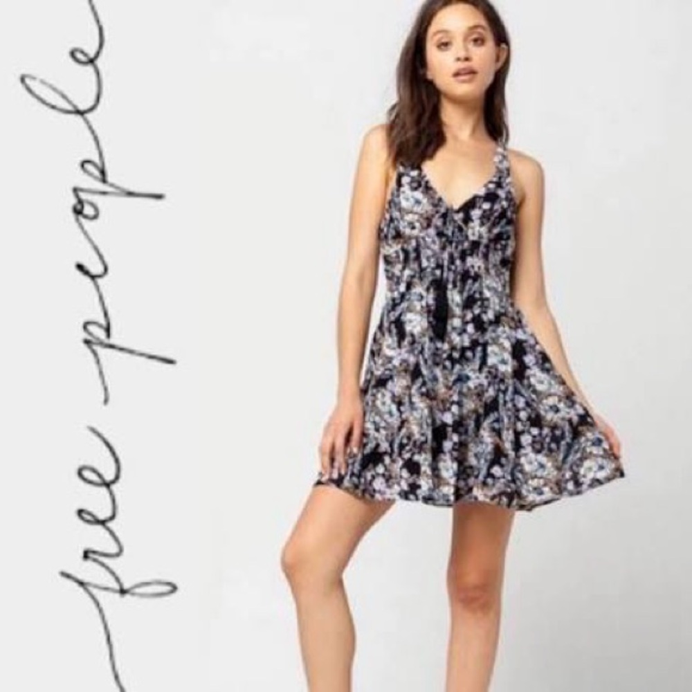 Free People Washed Ashore Mini Dress Black Combo Winter Floral Size XS